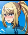  blonde_hair blue_eyes blush cloud day kudakeru long_hair looking_at_viewer metroid ponytail samus_aran sky solo zero_suit 