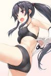  :o ass black_bra black_hair black_panties bow bow_bra bra breasts check_commentary commentary_request cowboy_shot gloves gradient gradient_background kantai_collection leg_lift long_hair medium_breasts outstretched_arms panties ponytail purple_bow red_eyes sidelocks simple_background solo strap_gap takayaki taut_clothes underwear underwear_only v-shaped_eyebrows white_gloves yahagi_(kantai_collection) 