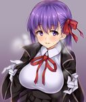  bb_(fate)_(all) bb_(fate/extra_ccc) bow breasts cape commentary_request fate/extra fate/extra_ccc fate_(series) gloves hair_bow hair_ribbon highres kuragari large_breasts long_hair looking_at_viewer open_clothes purple_eyes purple_hair ribbon smile solo steam sweat upper_body white_gloves 