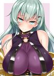  aqua_eyes aqua_hair blush bodysuit border breasts claw_(weapon) closed_mouth collar commentary_request cosplay embarrassed eyebrows_visible_through_hair fate/extra fate/extra_ccc fate/grand_order fate_(series) hair_ornament hairclip highres huge_breasts impossible_clothes kantai_collection long_hair looking_at_viewer o-ring o-ring_top outside_border passion_lip passion_lip_(cosplay) purple_background sankakusui sketch sleeveless solo strap suzuya_(kantai_collection) wavy_mouth weapon white_border 