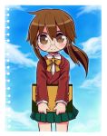  1girl bangs blazer blue_sky blush bow brown_bow brown_eyes brown_hair brown_jacket closed_mouth cloud cloudy_sky collared_shirt commentary_request cowboy_shot day dress_shirt eyebrows_visible_through_hair ga_geijutsuka_art_design_class glasses green_skirt hair_between_eyes holding jacket long_hair long_sleeves looking_at_viewer low_ponytail naga_u outdoors pleated_skirt ponytail round_eyewear shirt sidelocks skirt sky smile solo white_shirt yamaguchi_kisaragi 