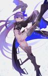  armor armored_boots bangs belt blue_ribbon boots crotch_plate fate/extra fate/extra_ccc fate_(series) hair_ribbon highres lack long_hair long_sleeves meltlilith navel puffy_long_sleeves puffy_sleeves purple_eyes purple_hair revealing_clothes ribbon simple_background smile solo spikes stomach thighhighs very_long_hair white_background 