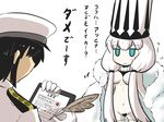  1girl admiral_(kantai_collection) black_hair blue_eyes blush_stickers breasts capelet censored epaulettes gloves goma_(gomasamune) hair_censor hair_over_breasts hat heart heart_censor highres jitome kantai_collection large_breasts long_hair long_sleeves military military_uniform naked_coat naval_uniform northern_water_hime open_mouth peaked_cap shinkaisei-kan sidelocks simple_background translated uniform white_background white_gloves white_hair white_hat 