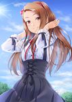  blue_ribbon blush bow brown_hair cloud cloudy_sky corset day hairband idolmaster idolmaster_(classic) lens_flare long_hair long_sleeves looking_at_viewer meme_attire minase_iori miri_(ago550421) outdoors pink_bow red_eyes red_ribbon ribbon skirt sky smile solo sun suspender_skirt suspenders virgin_killer_outfit 
