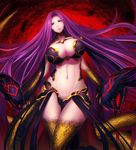  absurdly_long_hair breasts cleavage crossed_legs curvy fate/grand_order fate_(series) gorgon_(fate) highres huge_breasts lips long_hair looking_at_viewer midriff minami_koyogi navel open_mouth parted_lips pink_eyes purple_hair rider scales snake solo teeth thick_thighs thighs very_long_hair wide_hips wide_sleeves 