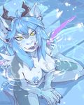  anthro breasts cum cum_on_breasts cum_on_face dragon female fur furred_dragon grungecandy hybrid kneeling looking_at_viewer nipple_piercing nipples nude piercing smile solo 