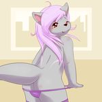  ambiguous_gender anthro blush butt clothing cub eyelashes fur girly grey_fur hair hi_res legwear looking_at_viewer looking_back maverick one_eye_closed panties panty_pull pink_hair pyravia rear_view red_eyes simple_background smile solo teasing thigh_highs thong underwear undressing wink young 