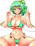  alternate_costume bangs bikini blush breasts cameltoe cleavage closed_mouth collarbone commentary_request daiyousei double_v fairy_wings green_bikini green_eyes green_hair hair_ribbon highres large_breasts looking_at_viewer micro_bikini navel ribbon side-tie_bikini side_ponytail simple_background smile solo squatting stomach string_bikini swimsuit tan touhou v white_background wings yellow_ribbon zan_(harukahime) 