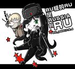  1girl :p artist_name axis_powers_hetalia black_gloves black_hair black_hat blonde_hair blush chibi closed_eyes crossover fur_hat gloves green_eyes hat hi_ye kantai_collection lead_pipe long_hair one_eye_closed pants pun ru-class_battleship russia_(hetalia) scarf shinkaisei-kan smile star tongue tongue_out translated trench_coat very_long_hair white_skin 