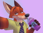  2017 beverage canine clothed clothing cup disney fox fur looking_at_viewer male mammal nick_wilde shadythebluewolf simple_background solo starbucks zootopia 