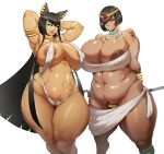  2girls areola_slip areolae armpits arms_behind_head arms_up belly black_eyes black_hair blue_eyes breasts cleavage donaught egyptian erect_nipples fat huge_breasts image_sample large_areolae long_hair looking_at_viewer multiple_girls original parted_lips pixiv_sample plump shiny shiny_skin short_hair standing thick_thighs thighs very_long_hair wide_hips 