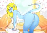  2017 anthro big_breasts blonde_hair blue_eyes blush breasts butt dragon female hair horn looking_at_viewer nipples nude pussy pussy_juice solo tokifuji water 