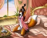  2016 anthro bed bedroom beverage black_nose breakfast canine clothed clothing crossdressing eliana-asato fox fur girly hair invalid_tag lingerie long_hair male mammal morning multicolored_fur orange_fur plant red_hair smile solo tea window yellow_eyes 