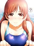  ? blush breasts brown_eyes brown_hair commentary_request competition_swimsuit idolmaster idolmaster_cinderella_girls idolmaster_cinderella_girls_starlight_stage long_hair medium_breasts nitta_minami one-piece_swimsuit sakaki_imasato smile solo spoken_question_mark swimsuit wet 