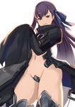  absurdres armor blue_eyes boots breasts crotch_plate fate/extra fate/extra_ccc fate_(series) hair_ribbon highres long_hair looking_at_viewer meltlilith navel purple_hair revealing_clothes ribbon simple_background small_breasts solo thighhighs very_long_hair yatsuka_(846) 