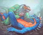 2017 3_toes 4_fingers anal anal_penetration arm_grab blue_scales butt cum cum_on_butt cum_on_ground digital_media_(artwork) duo erection godzilla_(series) green_scales head_grab hi_res kaiju klongi lying male male/male missionary_position monster multicolored_scales on_back orange_scales penetration penis penis_grab red_eyes scales scalie sex sharp_teeth signature teeth toes two_tone_scales 