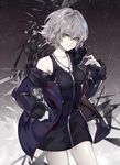  &gt;:) bangs black_dress black_jacket breasts closed_mouth commentary_request cowboy_shot dress fate/grand_order fate_(series) fur_collar fur_trim hand_on_hip jacket jeanne_d'arc_(alter)_(fate) jeanne_d'arc_(fate)_(all) jewelry long_sleeves looking_at_viewer medium_breasts necklace open_clothes open_jacket pale_skin saberiii short_dress short_hair silver_hair smile solo v-shaped_eyebrows wicked_dragon_witch_ver._shinjuku_1999 yellow_eyes 