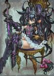  armor black_hair bow crossed_legs fang flat_chest gauntlets headband highres horns jon_taira long_hair open_mouth purple_eyes sitting smile solo tail thighs throne twintails 
