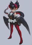  black_gloves black_hair black_wings bow closed_mouth dragon_horns dragon_tail eyelashes flat_chest full_body gloves green_eyes hair_between_eyes hand_on_hip highres horns jon_taira monster_girl pantyhose pout short_hair solo standing tail wings 