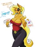  2017 anthro big_breasts blonde_hair breasts cleavage clothed clothing dialogue ear_piercing english_text equine eyewear female hair holding_object horn mammal mature_female mother multicolored_hair my_little_pony open_mouth parent piercing simple_background solo sunglasses text trixie&#039;s_mom_(idw) two_tone_hair unicorn unseen_character white_background zwitterkitsune 