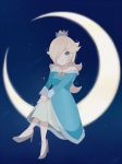  bare_shoulders blonde_hair blue_dress blue_eyes chocomiru crown dress earrings high_heels jewelry mario_(series) moon nintendo rosetta_(mario) star star_earrings super_mario_galaxy 