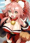  animal_ears bell bell_collar blush breasts cleavage collar fangs fate/grand_order fate_(series) fox_ears fox_tail hair_ribbon large_breasts long_hair looking_at_viewer ogino_atsuki open_mouth paws pink_hair ribbon solo tail tamamo_(fate)_(all) tamamo_cat_(fate) yellow_eyes 
