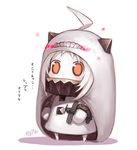  ahoge aircraft airplane blush_stickers capriccio chibi cloak commentary_request covered_mouth himouto!_umaru-chan hood hooded_cloak horns kantai_collection mittens northern_ocean_hime parody red_eyes shadow shinkaisei-kan solo translation_request white_background white_hair white_skin 