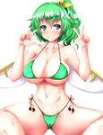  alternate_costume bangs bikini blush breasts cameltoe cleavage closed_mouth collarbone commentary_request daiyousei double_v fairy_wings green_bikini green_eyes green_hair hair_ribbon highres large_breasts looking_at_viewer micro_bikini navel ribbon side-tie_bikini side_ponytail simple_background smile solo squatting stomach string_bikini swimsuit touhou v white_background wings yellow_ribbon zan_(harukahime) 