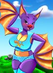  bat_wings big_breasts blush breasts cleavage clothed clothing ear_tuft fangs female fur green_eyes laylee membranous_wings navel open_mouth open_smile purple_fur red_nose rextro shorts smile solo thecurvygeek tuft wings yooka-laylee 