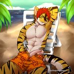  anthro beach clothed clothing erection feline humanoid_penis looking_at_viewer male mammal muscular natysanime penis seaside smile solo thick_penis topless unzipped 