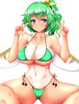  alternate_costume bangs bikini blush breasts cameltoe cleavage closed_mouth collarbone commentary_request daiyousei double_v fairy_wings green_bikini green_eyes green_hair hair_ribbon highres large_breasts looking_at_viewer micro_bikini navel one-piece_tan ribbon side-tie_bikini side_ponytail simple_background smile solo squatting stomach string_bikini swimsuit tan tanline touhou v white_background wings yellow_ribbon zan_(harukahime) 