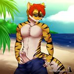  anthro clothed clothing erection eyewear feline humanoid_penis looking_at_viewer male mammal muscular natysanime nipples pants_down partially_clothed penis precum smile solo standing sunglasses 