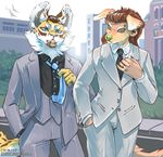  anthro canine clothed clothing duo ear_piercing feline fur grungecandy hair looking_at_viewer male mammal piercing standing 