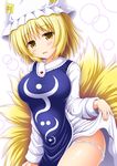  bangs blonde_hair blush breasts commentary_request cowboy_shot dress dress_lift fang fox_tail groin hat kyuubi large_breasts lifted_by_self long_sleeves looking_at_viewer multiple_tails nagana_sayui panties panty_pull parted_lips pillow_hat short_hair smile solo tabard tail touhou underwear white_dress white_panties yakumo_ran yellow_eyes 