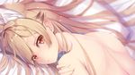  animal_ears back bed blonde_hair blurry cushion depth_of_field ezo_red_fox_(kemono_friends) fox_ears from_above hair_between_eyes highres kemono_friends long_hair looking_at_viewer lying nape nude on_stomach red_eyes solo tatapopo upper_body 