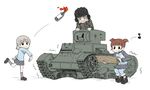  aki_(girls_und_panzer) bottle brother_tomita caterpillar_tracks commentary_request crying girls_und_panzer ground_vehicle gun jacket katyusha keizoku_military_uniform keizoku_school_uniform mikko_(girls_und_panzer) military military_uniform military_vehicle miniskirt molotov_cocktail motor_vehicle multiple_girls open_mouth pleated_skirt pravda_military_uniform school_uniform short_hair skirt smile soviet t-26 tank twintails uniform weapon wood 