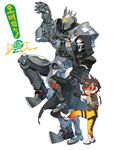  2boys armor brown_eyes brown_hair cloak dj_kumo gloves goggles harness height_difference highres korean mask multiple_boys open_mouth overwatch parody reaper_(overwatch) reinhardt_(overwatch) shoes short_hair standing standing_on_one_leg torn_clothes tracer_(overwatch) translation_request yotsubato! yotsubato!_pose 
