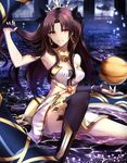  &gt;:) anklet armlet armpits bare_shoulders black_hair black_ribbon breasts bridal_gauntlets cleavage crown earrings elbow_gloves fate/grand_order fate_(series) gloves hair_intakes hair_ribbon heavenly_boat_maanna highres hoop_earrings ishtar_(fate/grand_order) jewelry long_hair long_legs looking_at_viewer medium_breasts navel neck_ring parted_lips partially_submerged pelvic_curtain ribbon shiguru single_elbow_glove single_thighhigh sitting smile solo thighhighs two_side_up v-shaped_eyebrows venus_(planet) very_long_hair yellow_eyes 