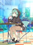  alternate_costume black_footwear blurry blurry_background chair commentary_request day drinking fast_food food french_fries full_body green_eyes green_hair hamburger hand_on_own_cheek hasebe_yuusaku heart heart_of_string hood hoodie komeiji_koishi long_sleeves looking_at_viewer mcdonald's outdoors shoes sitting solo table thighhighs third_eye touhou white_legwear wide-eyed 