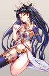  &gt;:) bare_shoulders black_hair black_ribbon blue_legwear breasts brown_eyes closed_mouth crown detached_sleeves earrings fate/grand_order fate_(series) hair_intakes hair_ribbon hidezi highres hoop_earrings ishtar_(fate/grand_order) jewelry long_hair long_legs looking_at_viewer medium_breasts navel neck_ring panties revealing_clothes ribbon single_sleeve single_thighhigh sitting smile solo stomach thighhighs two_side_up underwear v-shaped_eyebrows very_long_hair white_panties 