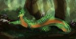  2016 anthro day female forest grass green_eyes green_skin lizard lying outside reptile scalie slit solo striped_skin stripes tree velannal 