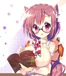  animal_ears blush book breasts brown_hair cat_ears chair detached_sleeves english eyebrows_visible_through_hair glasses holding holding_book huge_breasts long_hair looking_at_viewer open_mouth original reading red_eyes shimesaba_kohada sitting smile solo sweater 