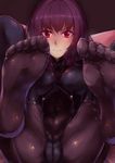  &gt;:( bangs blush bodysuit breasts cameltoe closed_mouth covered_navel dedeyong fate/grand_order fate_(series) feet foreshortening frown long_hair looking_at_viewer medium_breasts pov_feet purple_bodysuit purple_hair red_eyes scathach_(fate)_(all) scathach_(fate/grand_order) shiny shiny_clothes soles solo spread_legs toes v-shaped_eyebrows 