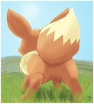  2012 ambiguous_gender brown_fur butt cute day eevee feral fluffy fluffy_tail fur grass mammal nintendo outside pichu90 pok&eacute;mon rear_view solo video_games 