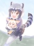  :3 :d animal_ears artist_name black_hair blonde_hair brown_eyes carrying chibi common_raccoon_(kemono_friends) fang fennec_(kemono_friends) fox_ears fox_tail grey_hair hug kemono_friends kotanu_(kotanukiya) minigirl multicolored_hair multiple_girls open_mouth pantyhose raccoon_ears raccoon_tail running smile striped_tail tail two-tone_hair v-shaped_eyebrows younger 
