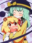  anger_vein blonde_hair blush commentary_request embarrassed fang green_hair hair_ribbon hat hug hug_from_behind komeiji_koishi long_sleeves magaribinzu multiple_girls red_eyes ribbon rumia touhou 