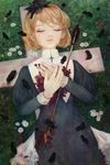  amber_tobi arrow black_feathers blonde_hair closed_eyes closed_mouth commentary_request cross facing_viewer feathers flower from_above grass graveyard lips long_sleeves on_ground original robe short_hair solo symbolism white_flower 
