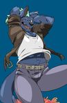  belly clothed clothing hands_behind_head hyena male mammal mohawk nyarlathotep pose simple_background tokyo_afterschool_summoners tona 