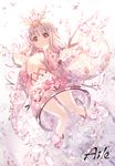  aile_(crossroads) artist_name bad_anatomy bad_hands bangle barefoot bracelet branch bubble cherry_blossoms floral_print flower full_body hair_ornament jewelry long_hair looking_at_viewer midriff original personification pink_eyes pinky_out see-through silk white_hair 