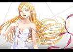  bare_shoulders blonde_hair breasts cleavage kiss-shot_acerola-orion_heart-under-blade kizumonogatari letterboxed lips long_hair looking_away monogatari_(series) off_shoulder open_mouth pointy_ears ribbon small_breasts solo sugi_214 yellow_eyes 